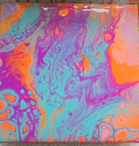 alexreart5 Abstract swirls of vibrant orange, blue, and purple colours on a glossy surface.