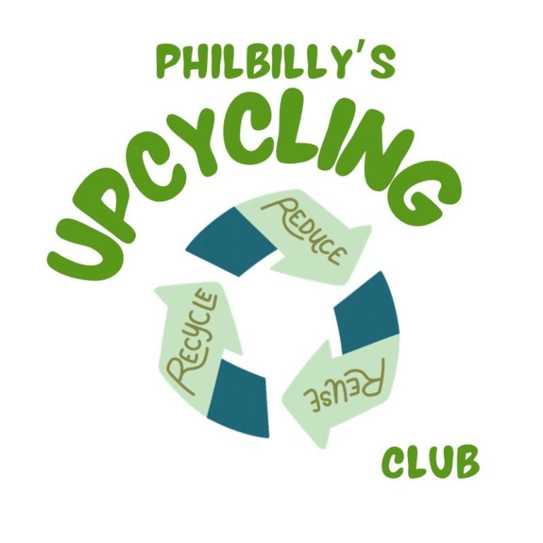 Logo for Philbilly's Upcycling Club, featuring a green recycling symbol with text.