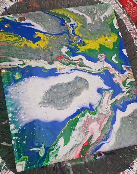 alexreart4 Abstract painting featuring swirling patterns of blue, green, white, and hints of red.
