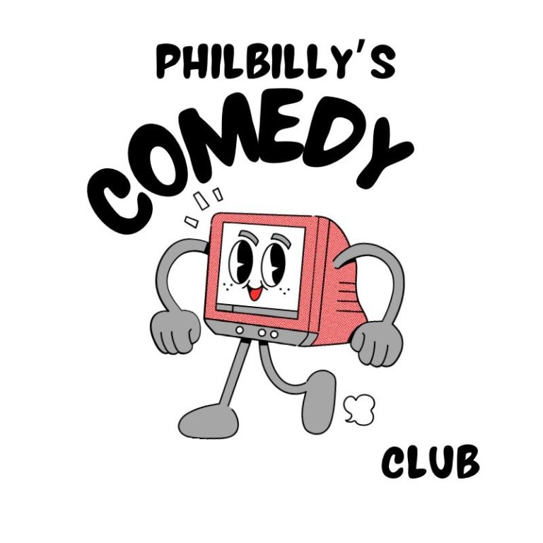 Cartoon character with a smiling TV head and arms, promoting Philbilly's Comedy Club.